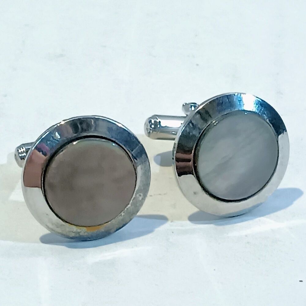 Vintage Silver Tone Round Smokey Abalone Cufflinks-Bullet/Toggle Closure-MCM